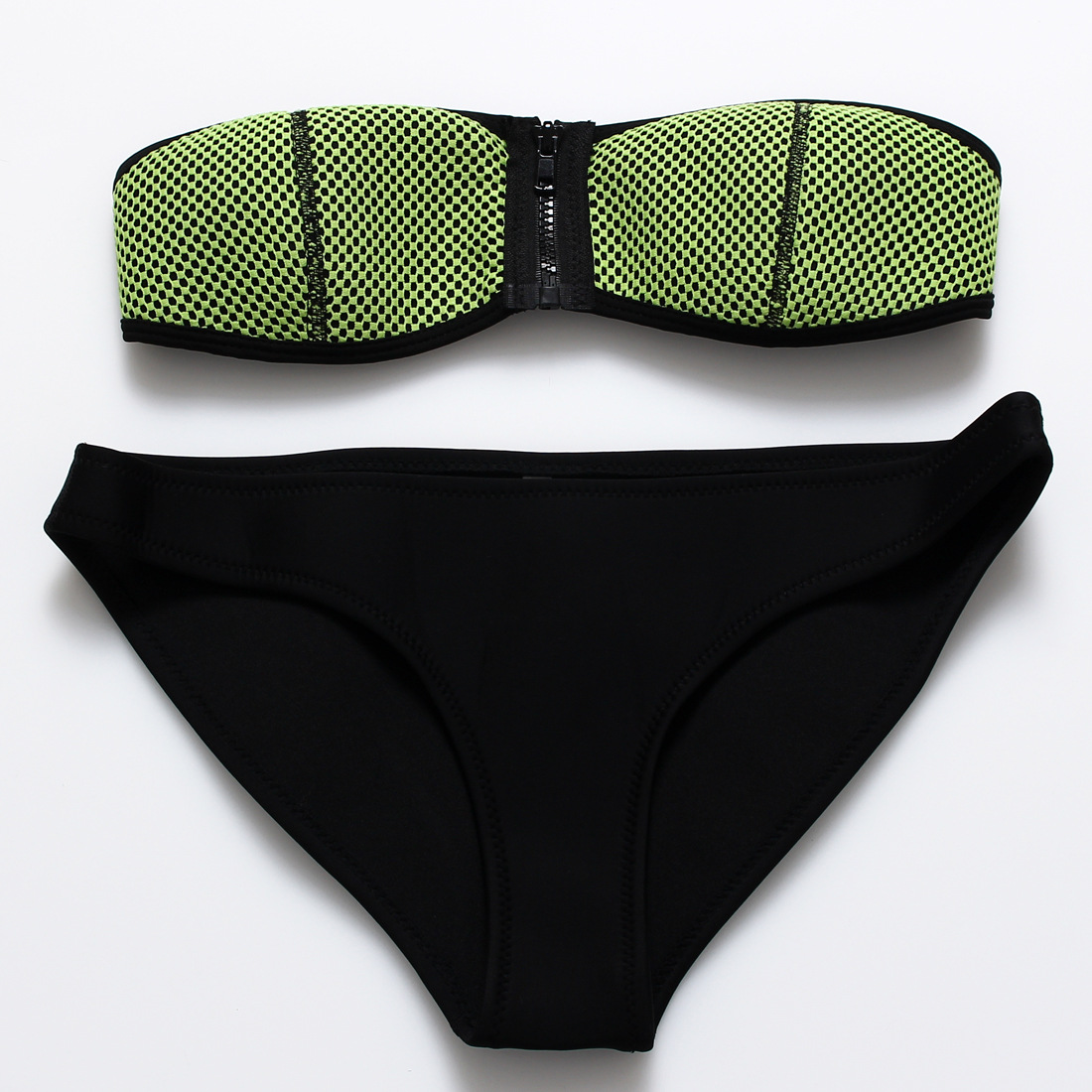 F4378-2Green Black Strapless Zip up Low Rise Bikini Set